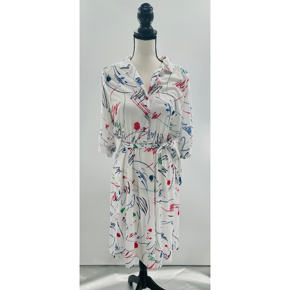 California Looks Vintage 80's Style Cotton‎ Blend Paint Splash Design Dress, Med